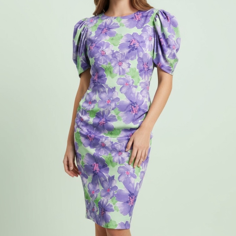 Alexia Admor Valentina Floral Puff Sleeve Midi Dress Purple lime Green size XL